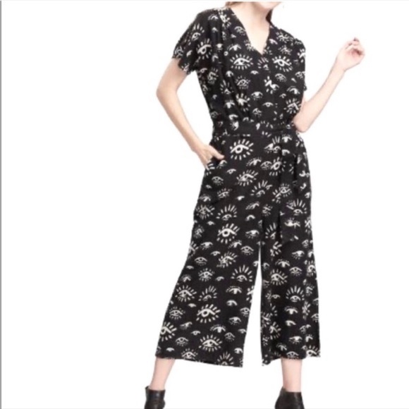 World Market Cotton/Linen Blend All Seeing Eye Tie Waist Jumpsuit - Picture 1 of 10
